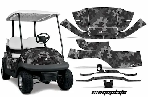 Club Car Precedent golf cart with the Camoplate graphic kit